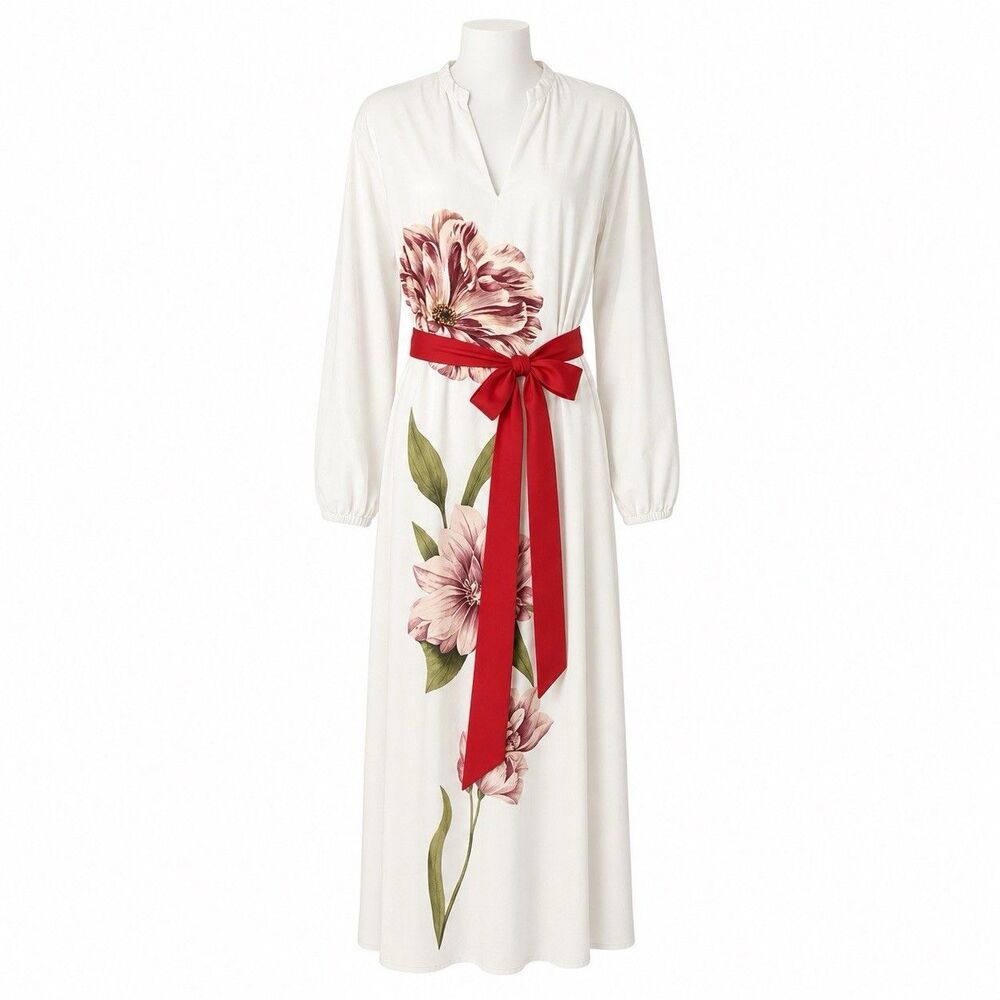 Anthropologie White Botanical Floral Cotton Maxi Dress XS Puff Sleeve With Belt